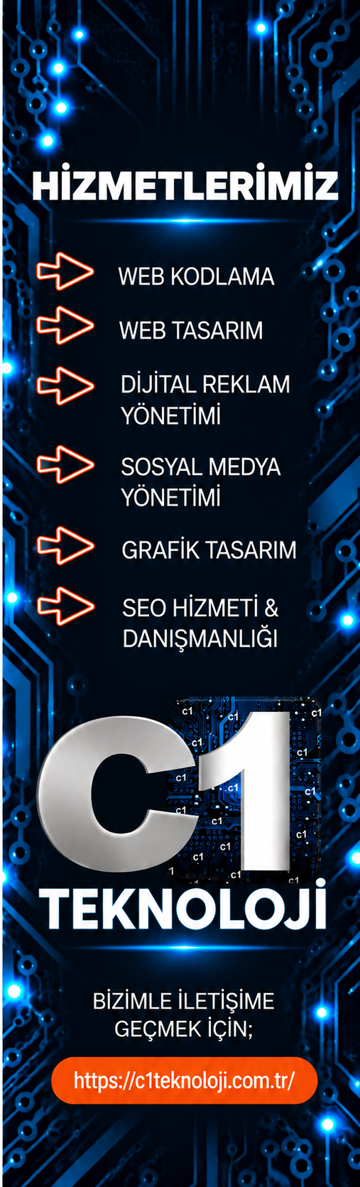 C1 Teknoloji: Web kodlama, web tasarım, dijital reklam yönetimi, sosyal medya yönetimi, grafik tasarım ve SEO hizmetleri